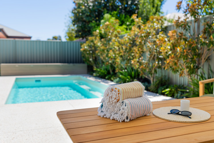 Hamilton Slimline Series fibreglass pool in Sandy Beach Sparkle