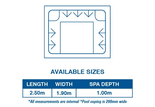 Spa 2.5m x 1.9m top-down shape diagram